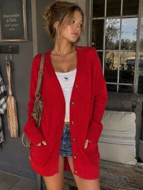 Vintage Y2K Abercrombie & Fitch Red Fuzzy Knit Longline Cardigan Soft Girl M